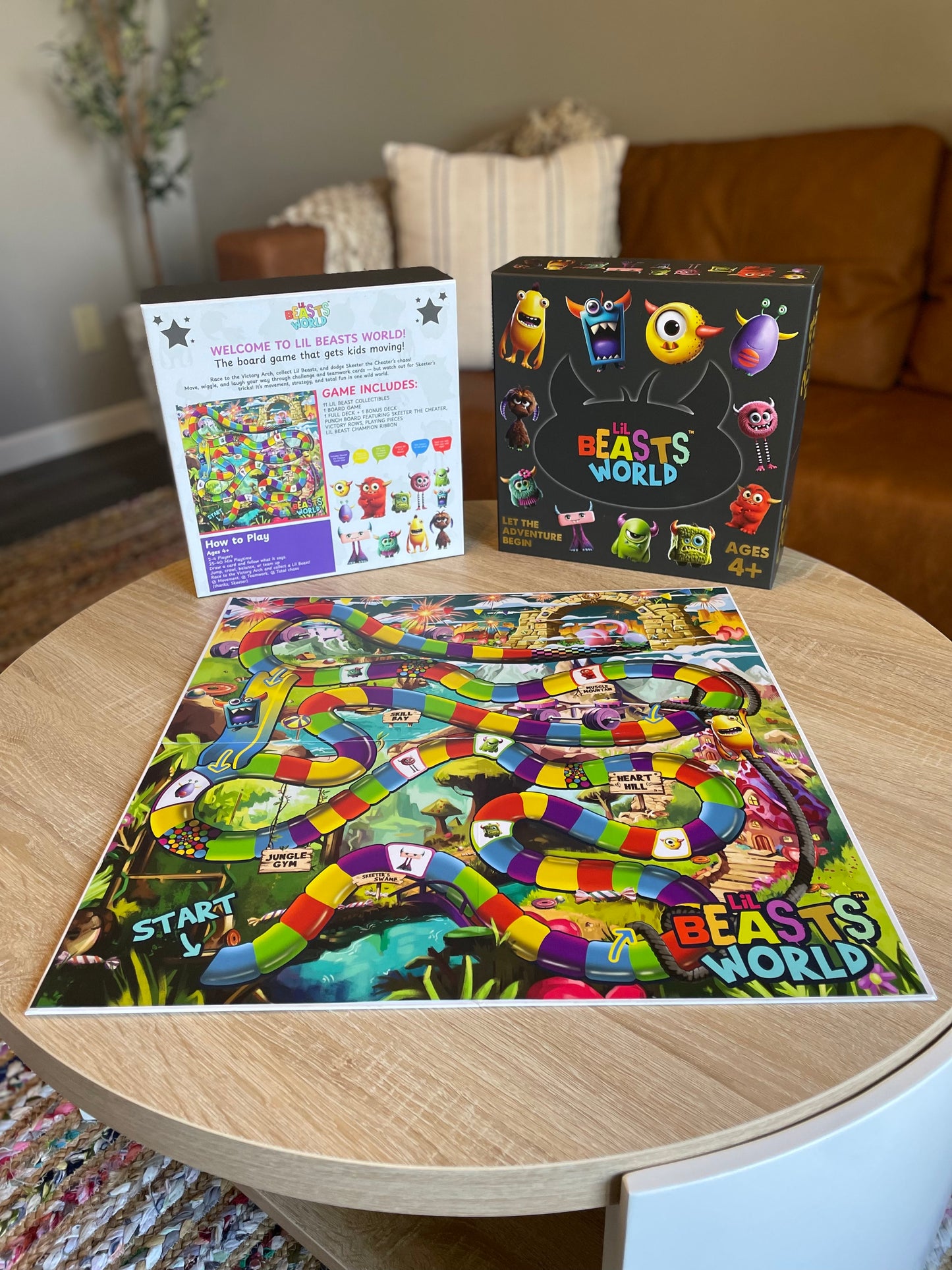 Kids movement board game cards and pieces arranged on table
