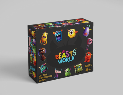 Lil Beasts World screen-free movement board game box on grey background