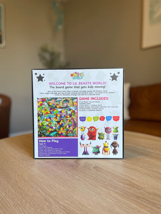 Lil Beasts World screen-free movement board game box on grey background